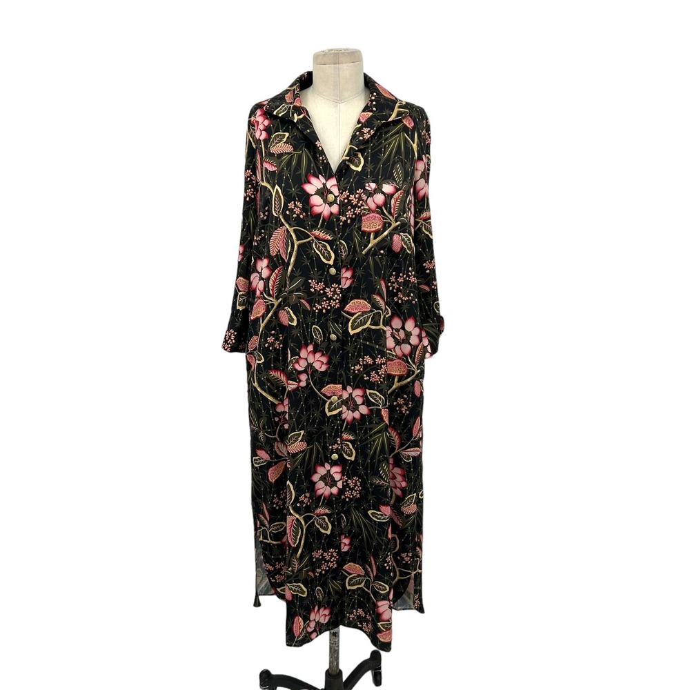 Tuckernuck Midi Shirt Dress Black Floral Print Collared Button Size Small